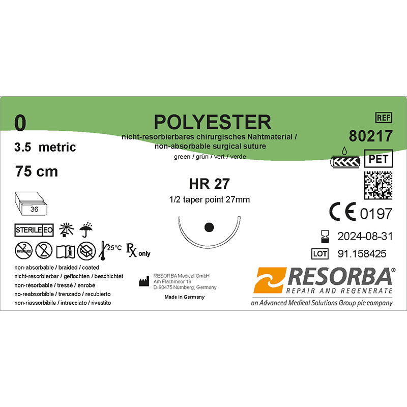 Поліестер USP0 зелений, довжина 75см, колюча голка 27мм, 1/2 кола